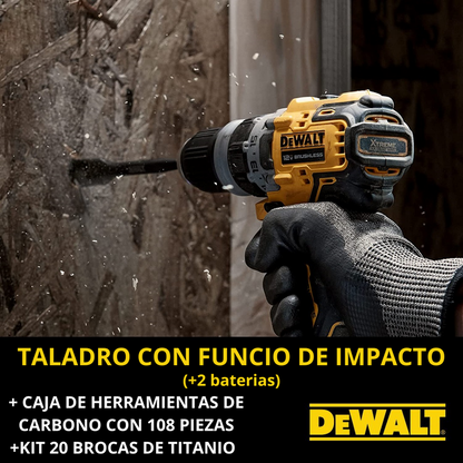 KIT DEWALT: TALADRO DE PERCUSION DE ALTO IMPACTO + CAJA DE HERRAMIENTAS CON 108 PIEZAS